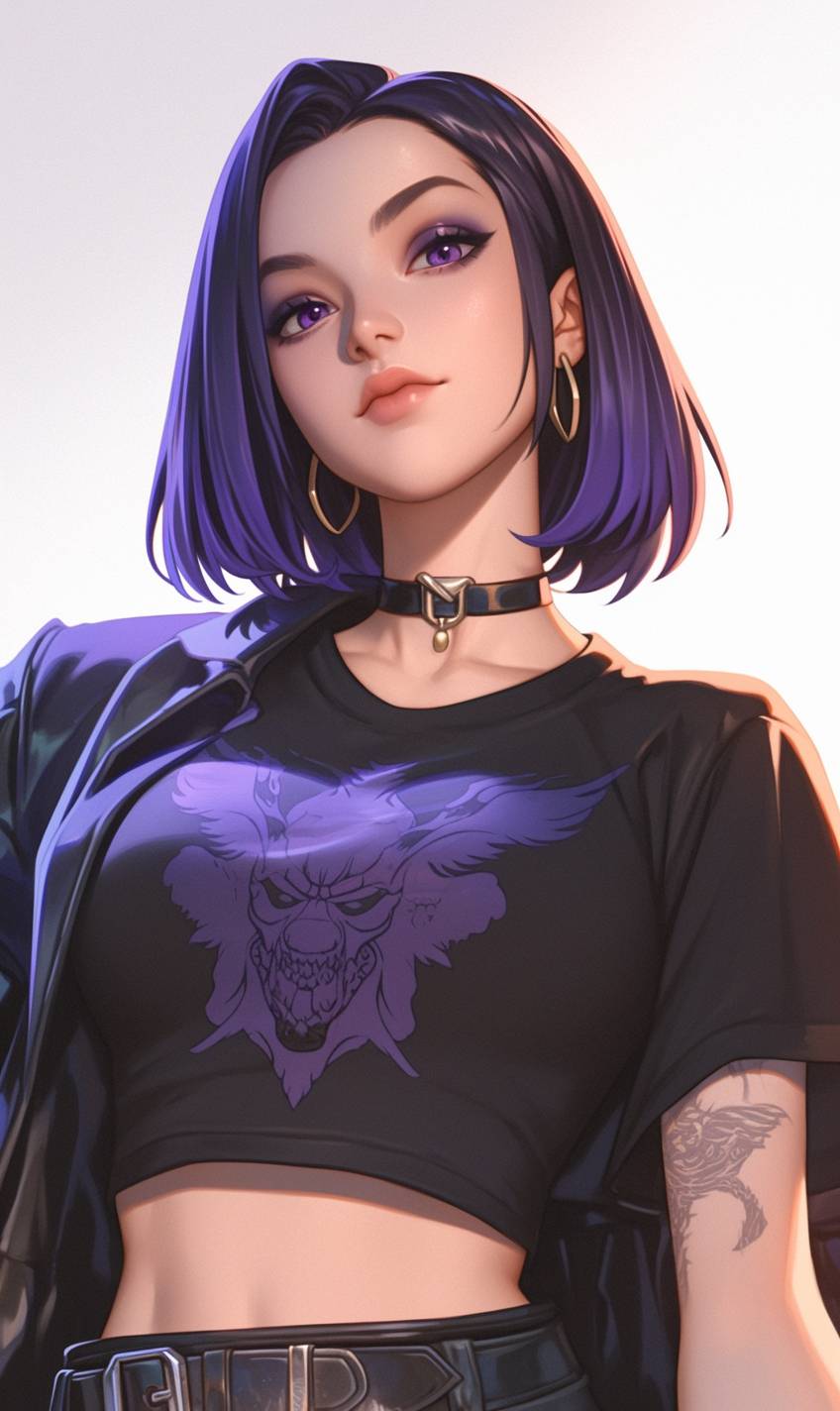 Raven de Teen Titans con estilo urbano casual, camiseta morada, falda negra, botas, sosteniendo un libro mientras camina por la ciudad con un ambiente oscuro y misterioso.