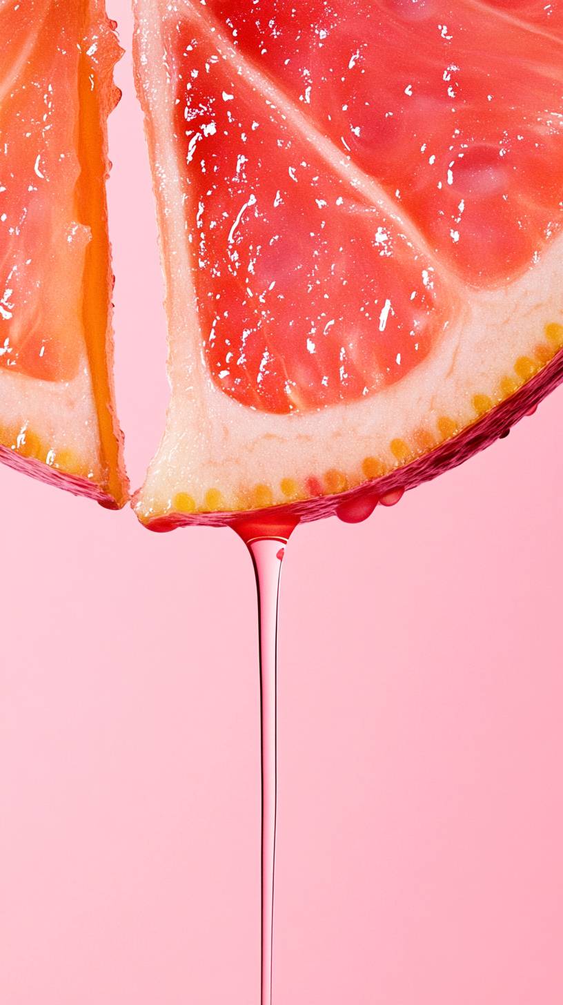 Frontal slice of grapefruit floating and dripping juice on a pink background.