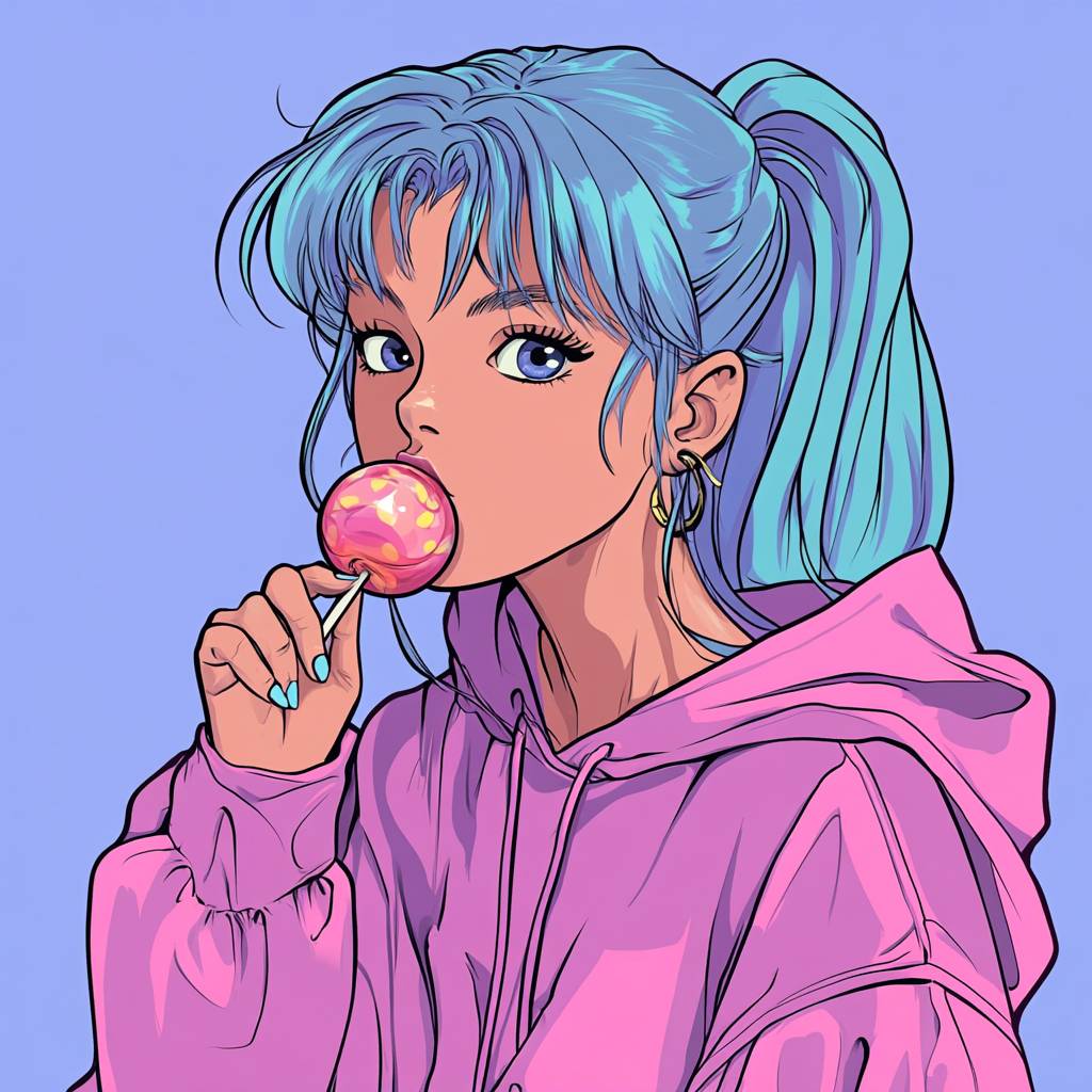 Garota de anime estilo retrô dos anos 90 lambendo um pirulito.