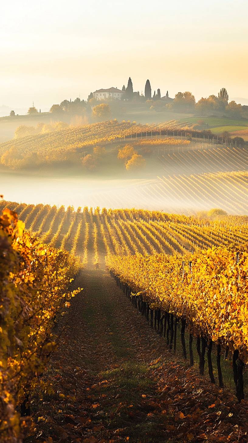 Collines de vignes en automne, feuilles dorées, matin brumeux, campagne romantique.