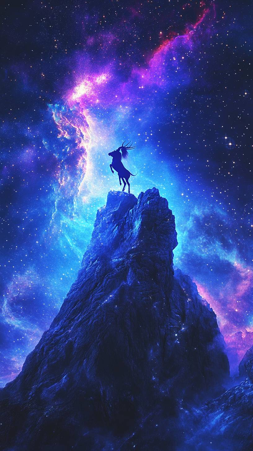 The Capricorn goat climbs a glowing mountain of stars, surrounded by a galaxy of deep blue and purple hues.