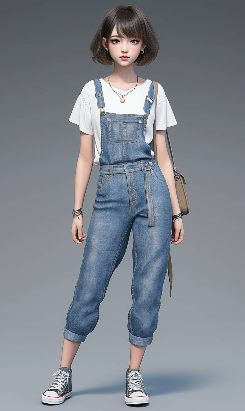 Ein CG-realistische Anime-Mädchen mit kurzem Bob-Haar, trägt ein weißes T-Shirt, Jeans-Overalls und Converse-Sneaker, trägt einen kleinen Rucksack und hat einen unbeschwerten Ausdruck.