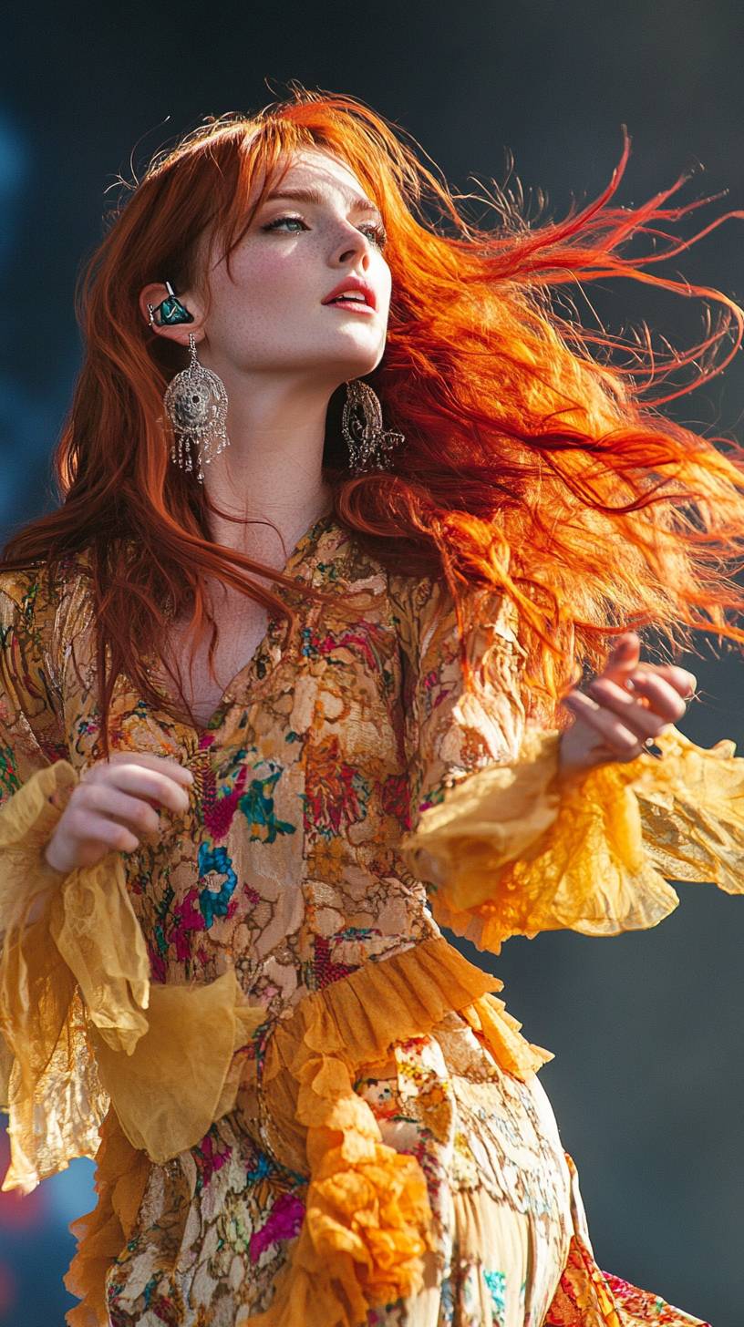 Une fille dans une robe bohème Gucci, avec des accessoires vintage et de longs cheveux roux sur une scène de festival.