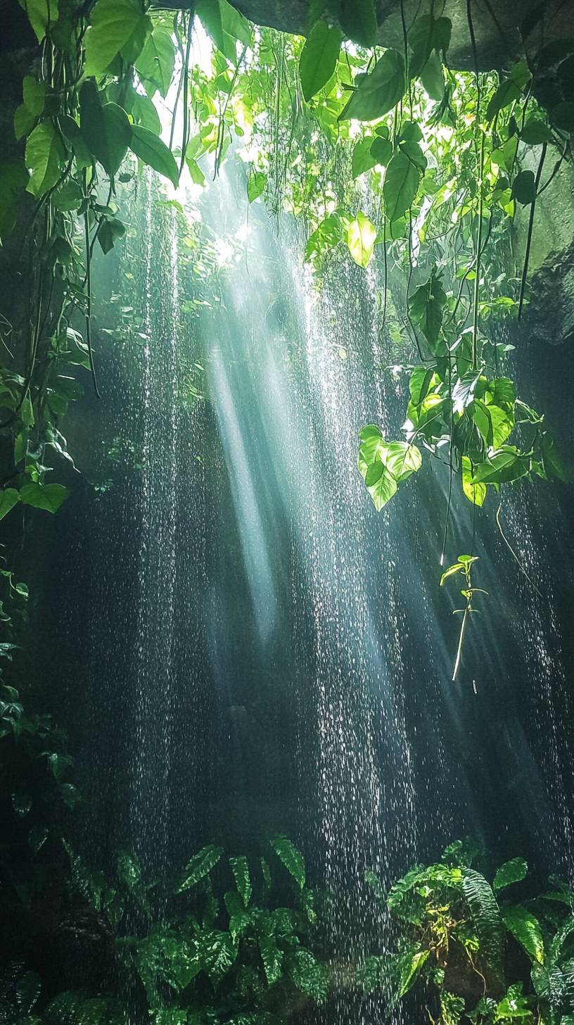 Eine geheime Wasserfallgrotte mit hängenden Ranken und gefiltertem Sonnenlicht, die eine mystische Szene schafft.