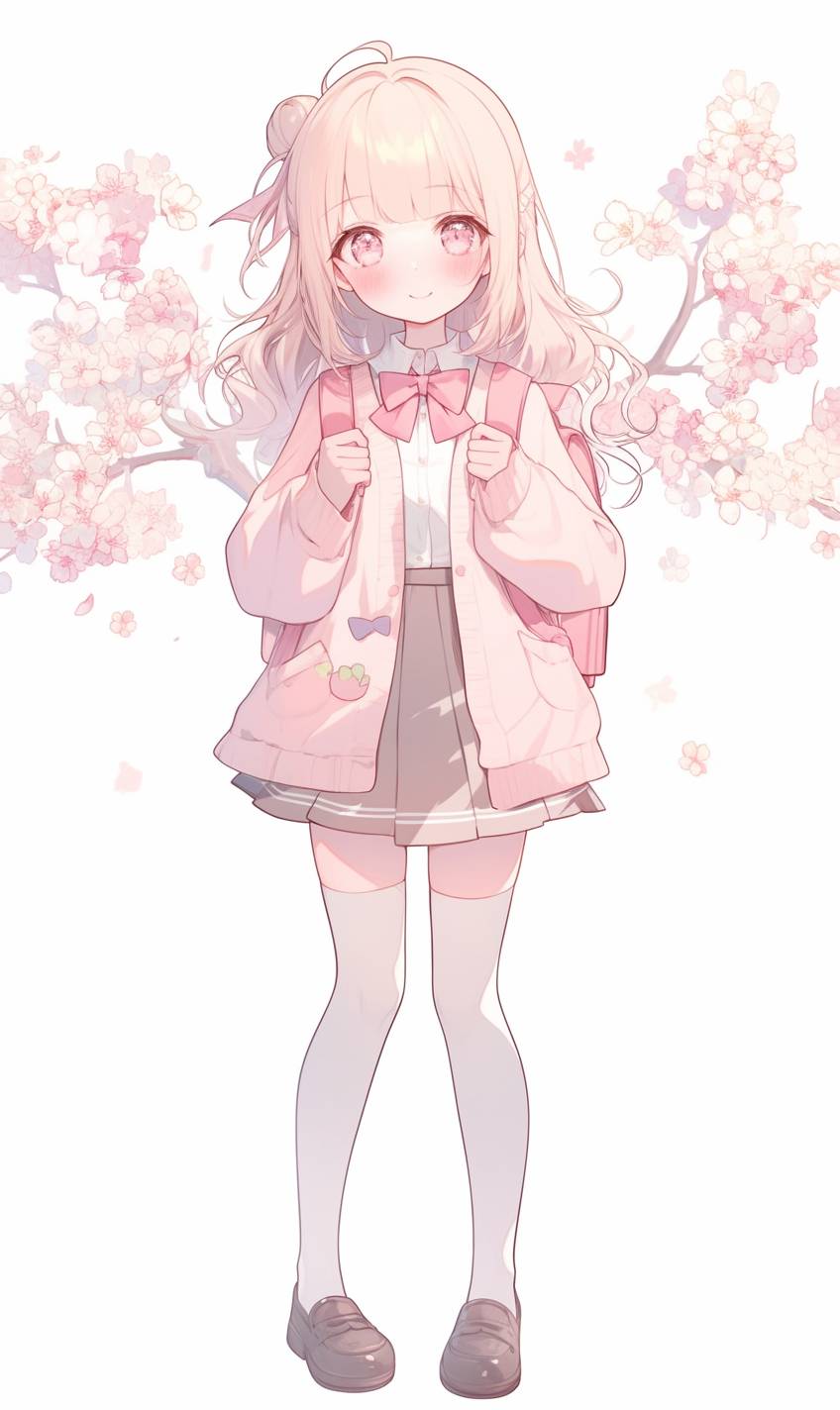 Uma garota de anime fofinha em uniforme escolar com gravata e meias até o joelho, carregando uma mochila sob as flores de cerejeira na atmosfera de primavera.