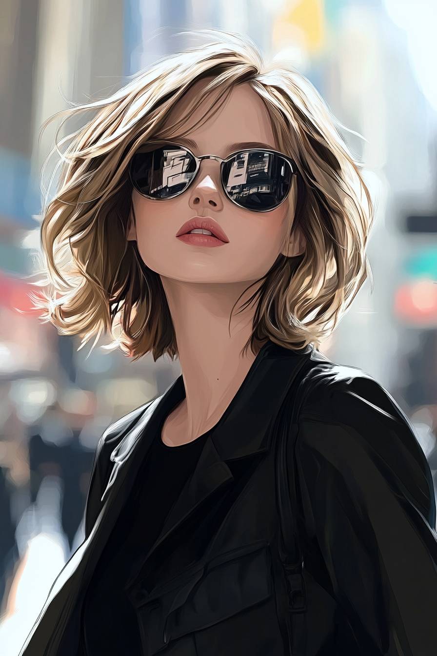 Una chica con estilo de Jennifer Lawrence, vistiendo un atuendo casual chic de Dior con gafas de sol y un corte de bob desordenado en una escena urbana casual.