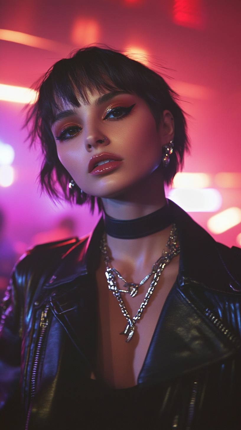 Ein Mädchen in einer rock-chic Ledjacke von Saint Laurent und mit kurzem Pixie-Cut, in einer Club-Umgebung.