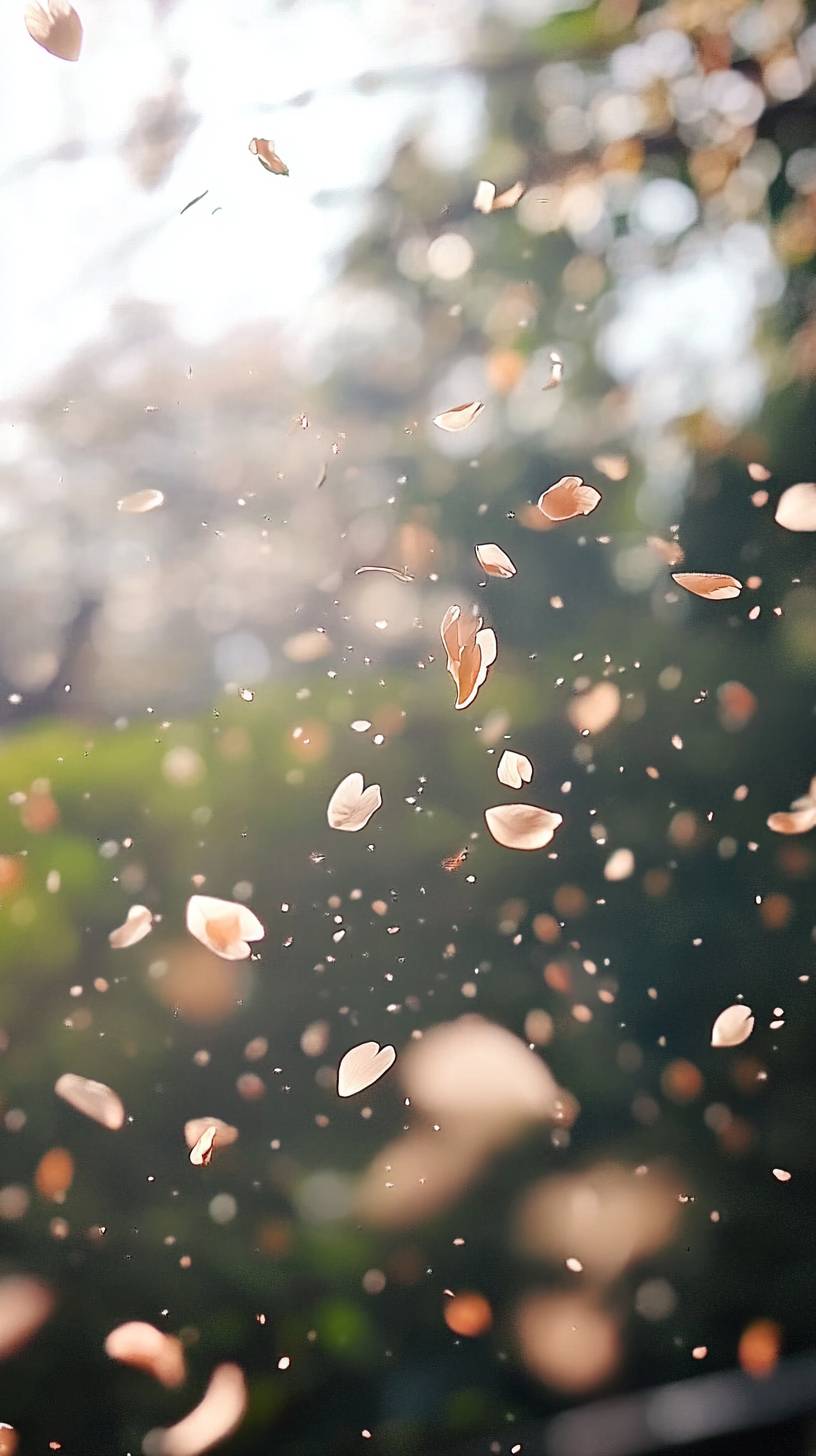 Pétalas de cerejeira caindo em uma suave brisa de primavera, criando uma atmosfera de sonho.