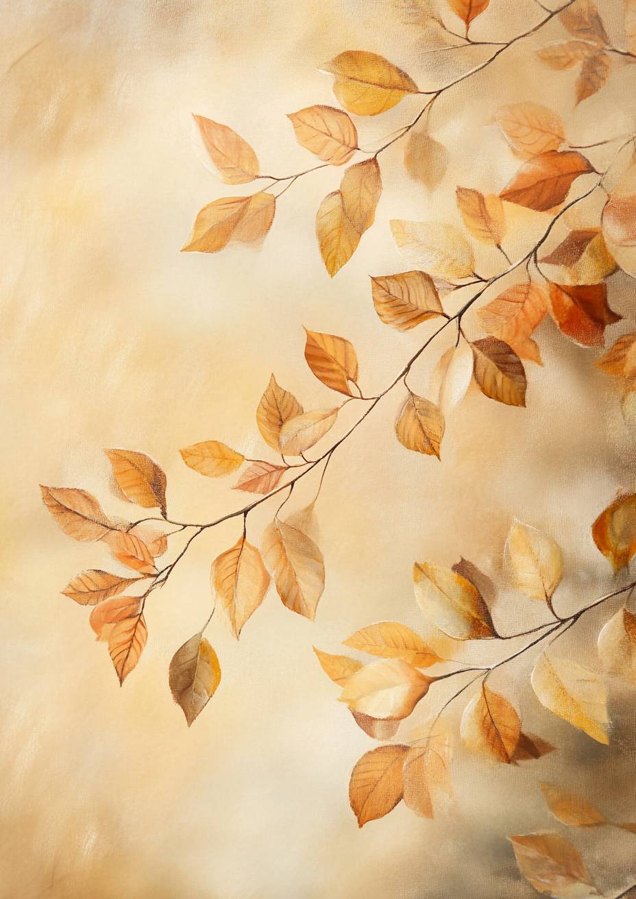 Gentle autumn leaves falling, soft gold and amber hues in a tranquil scene.