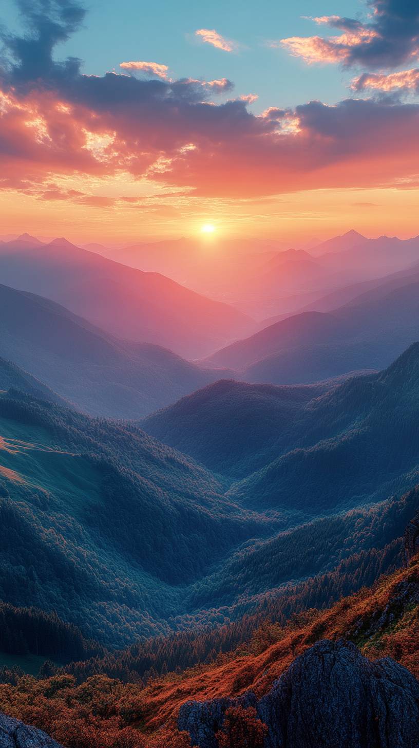 Fond d'écran de smartphone de haute qualité en 8K ultra HD, représentant un chaleureux coucher de soleil doré sur des montagnes avec des nuages doux dans un ciel clair.