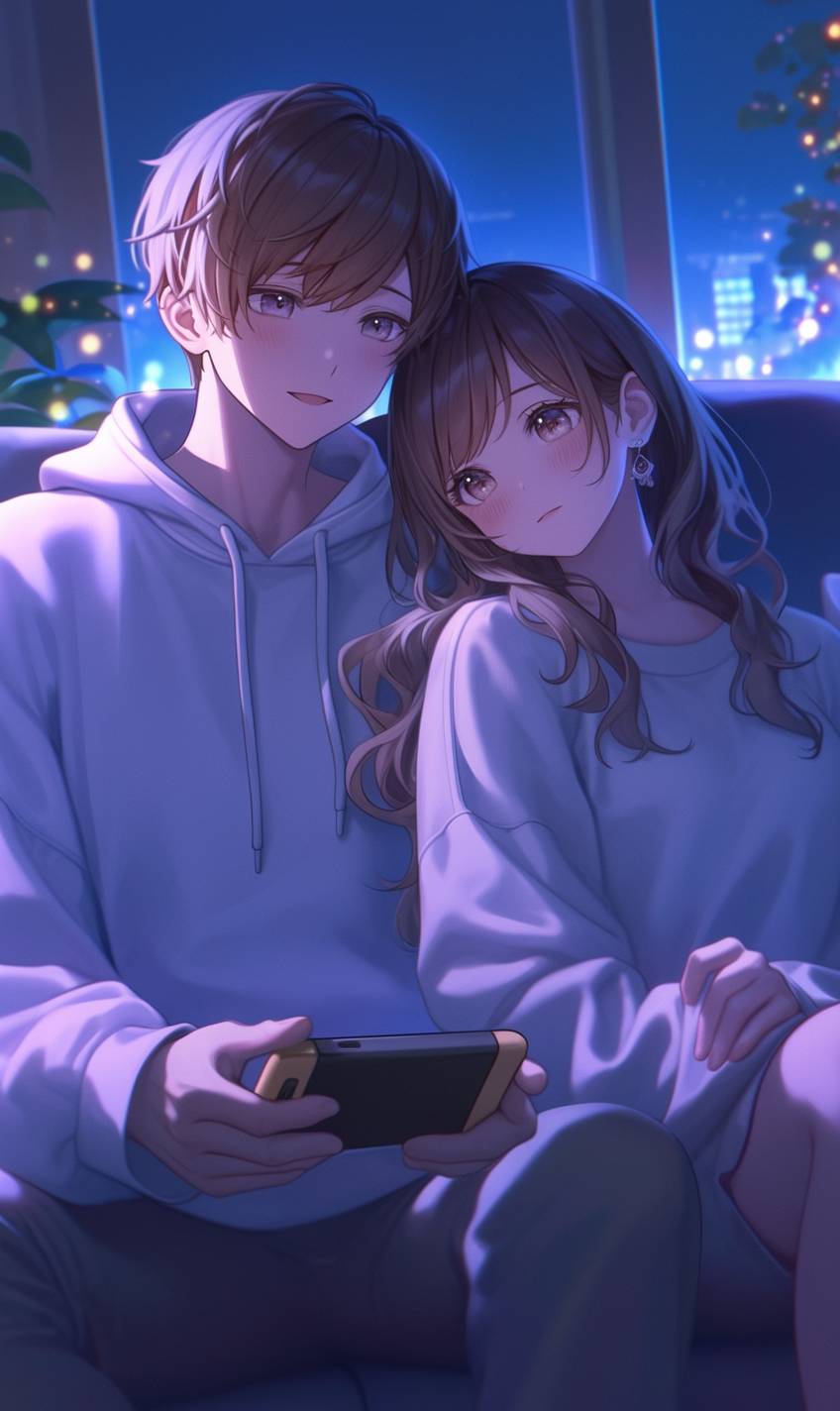 A realistic anime couple in matching gray hoodies and sweatpants sitting on a couch watching a movie together.