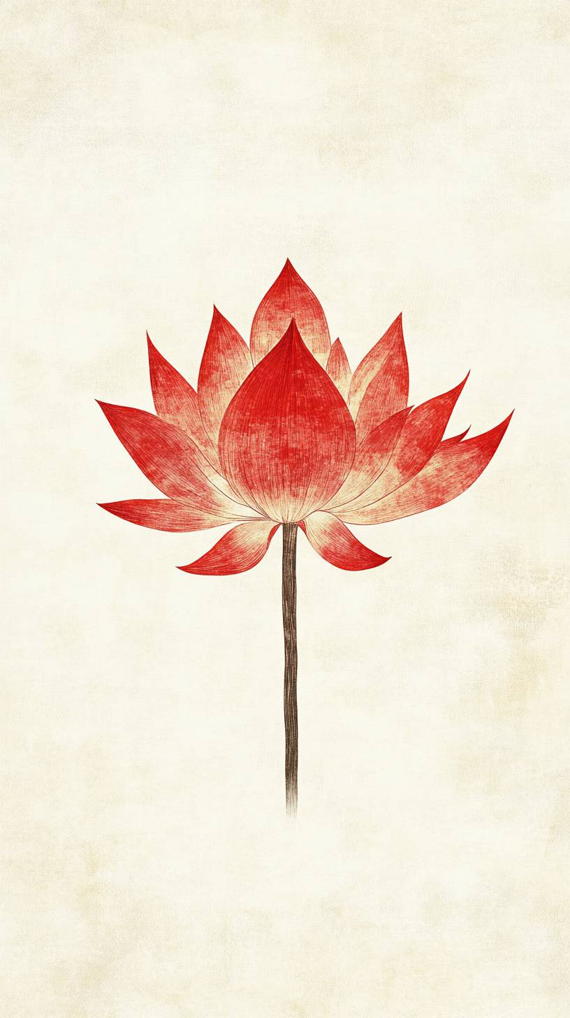 Une seule fleur de lotus rouge au centre, style minimaliste avec des ombres douces dans des tons rouges chinois riches, sur fond blanc pur ou doré.