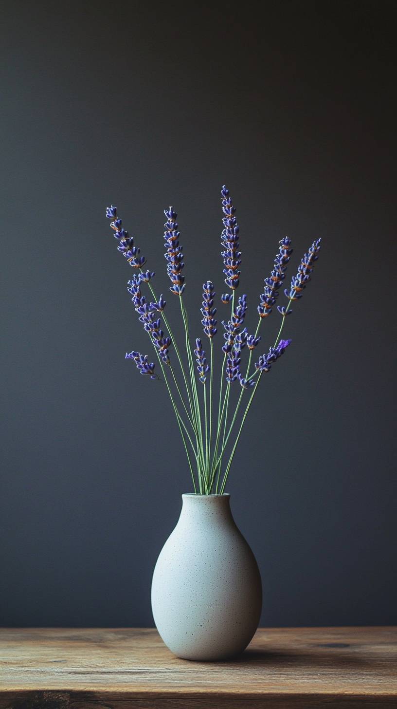 Raminhos suaves de lavanda em um vaso minimalista criam uma iluminação suave e uma atmosfera pacífica.