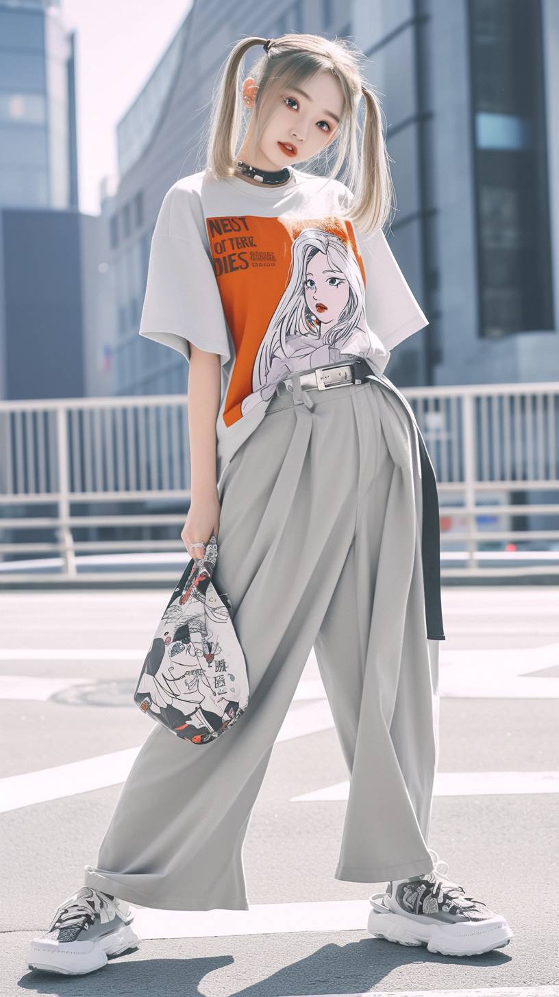 Ein Mädchen trägt ein grafisches T-Shirt von Lazy Oaf, weite Hosen und klobige Mary Janes, um einen kawaii Streetstyle zu präsentieren.