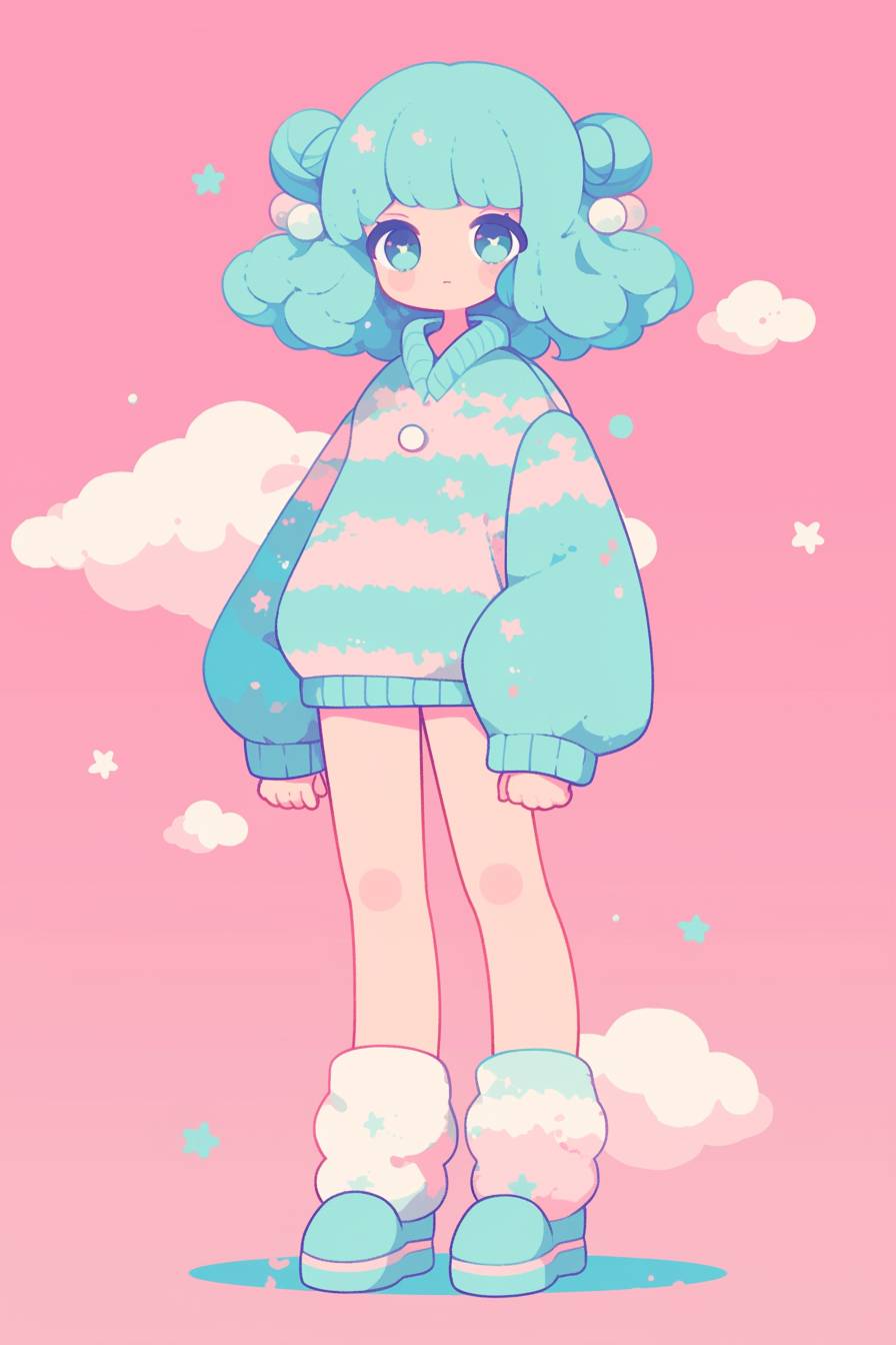 Cute pixel art characters with a soft pastel background in pink, baby blue, and mint green.