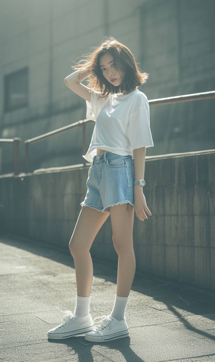 Ein Mädchen trägt ein weißes, figurnahes T-Shirt, hellblaue Jeansshorts und weiße Leinenschuhe mit natürlichem Make-up, vor einem urbanen Hintergrund im Morgenlicht.