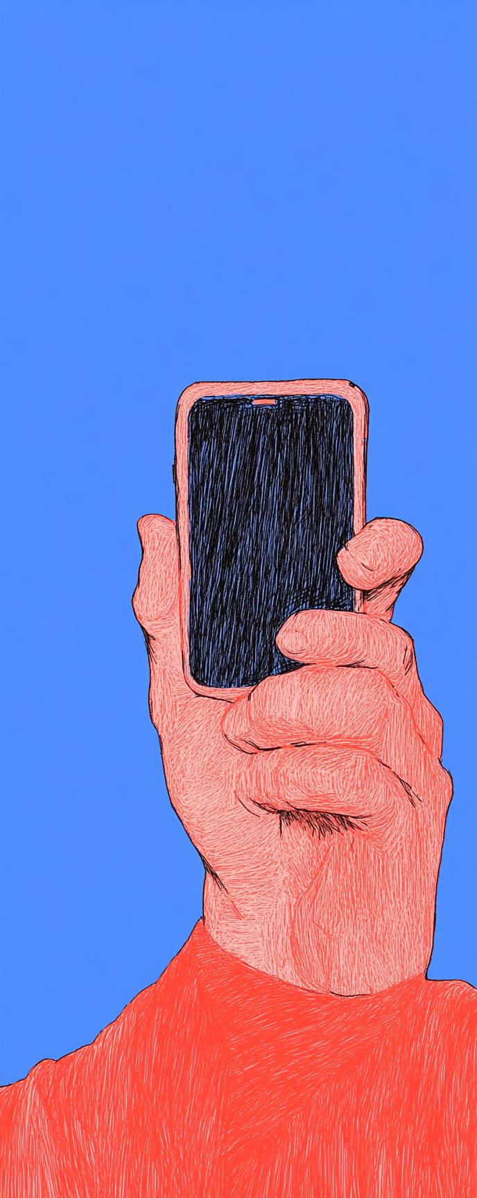 A close-up of a hand holding a phone against a blue background.