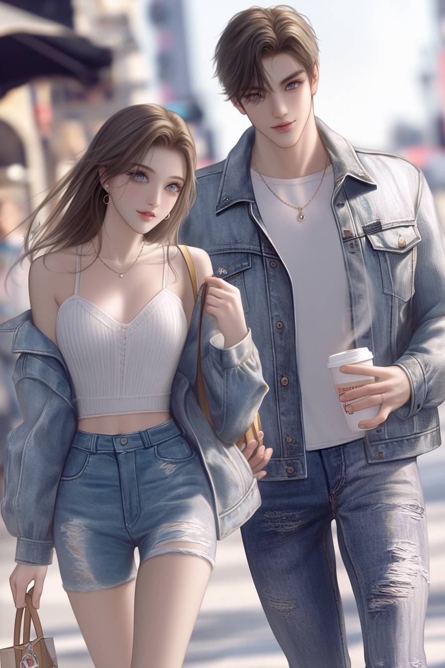 A cartoon couple wears matching white shirts and denim jackets as they stroll through a busy city street.