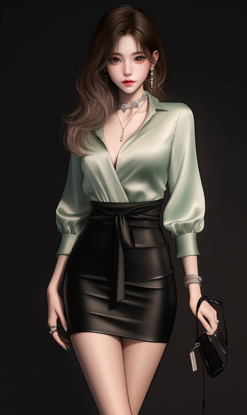 A CG realistic anime girl wearing a light green silk blouse, black high-waisted skirt, and strappy heels, accessorized with silver jewelry and a small black clutch, exuding elegance.