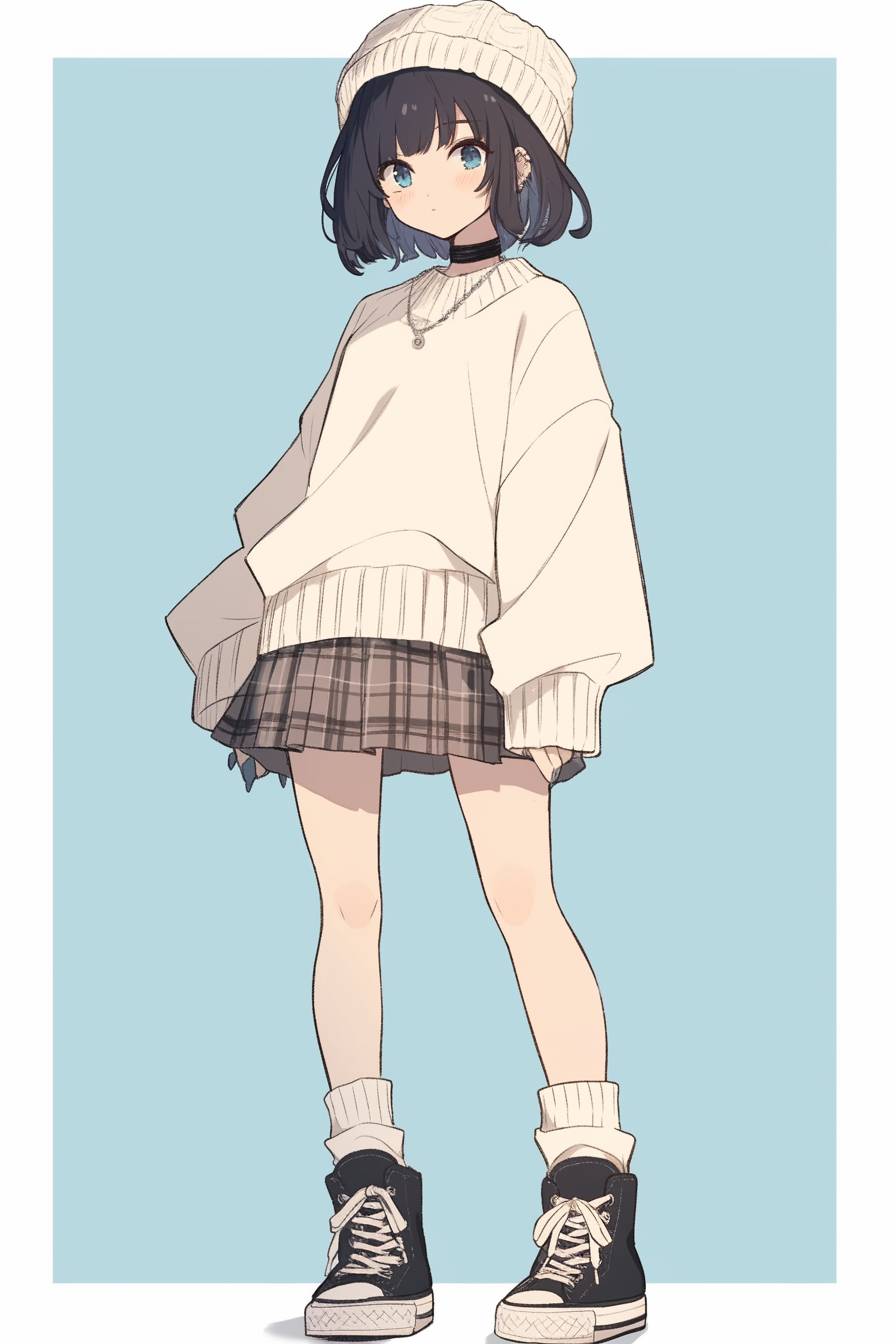 Anime girl in a white oversized sweater, short plaid skirt, and Converse sneakers inspired by Selena Gomez. 