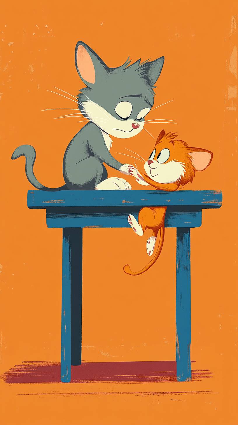 Tom sits on the table edge while Jerry lies beneath him holding his leg.