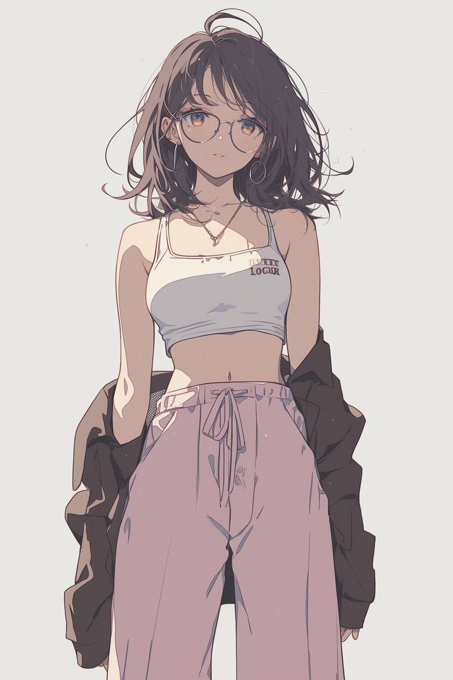 Una chica de anime con una camiseta sin mangas en tonos pastel y pantalones anchos, desprendiendo un aire fresco y elegante.