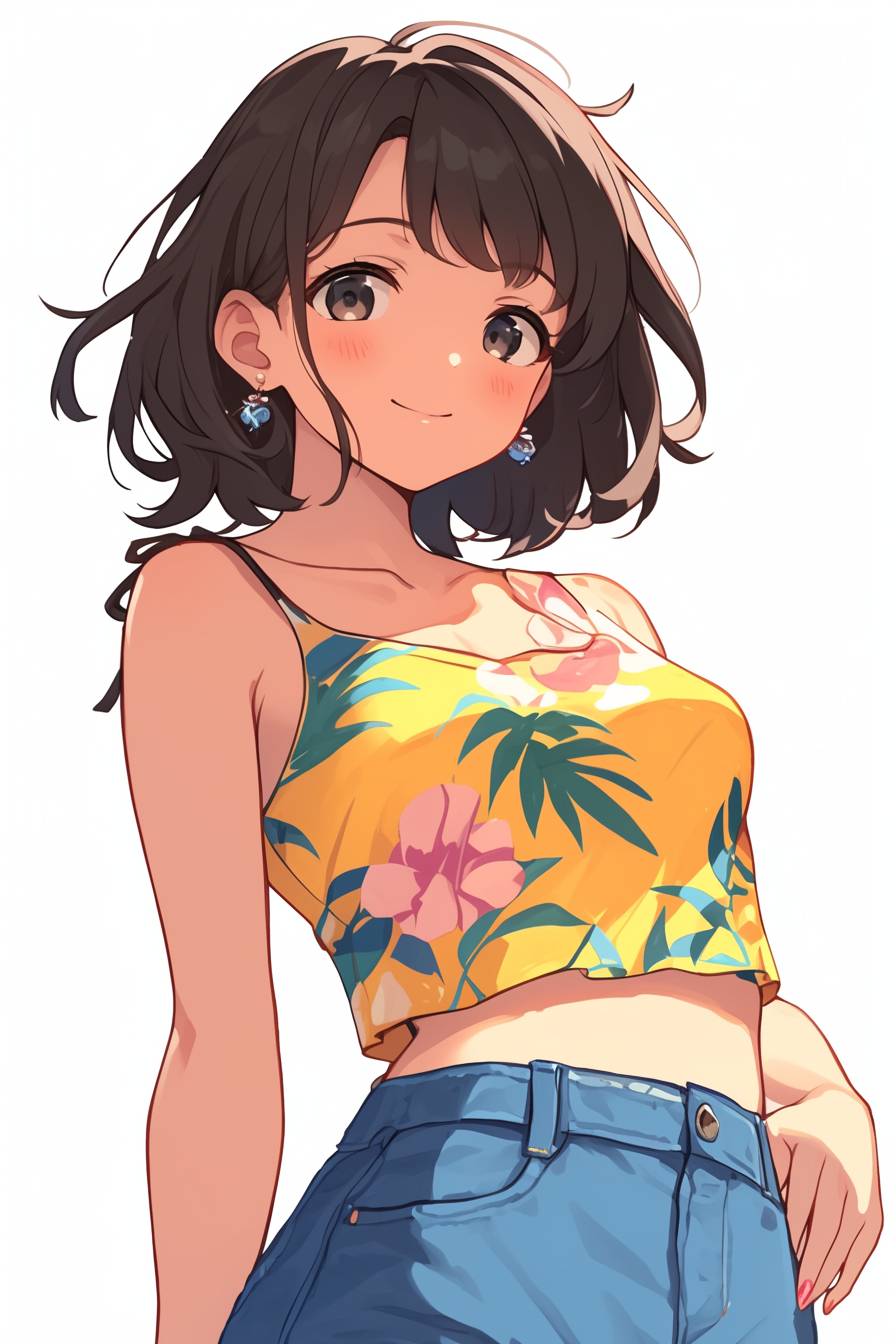 Anime girl wearing a colorful tank top and relaxed denim pants, playful and cheerful vibe.