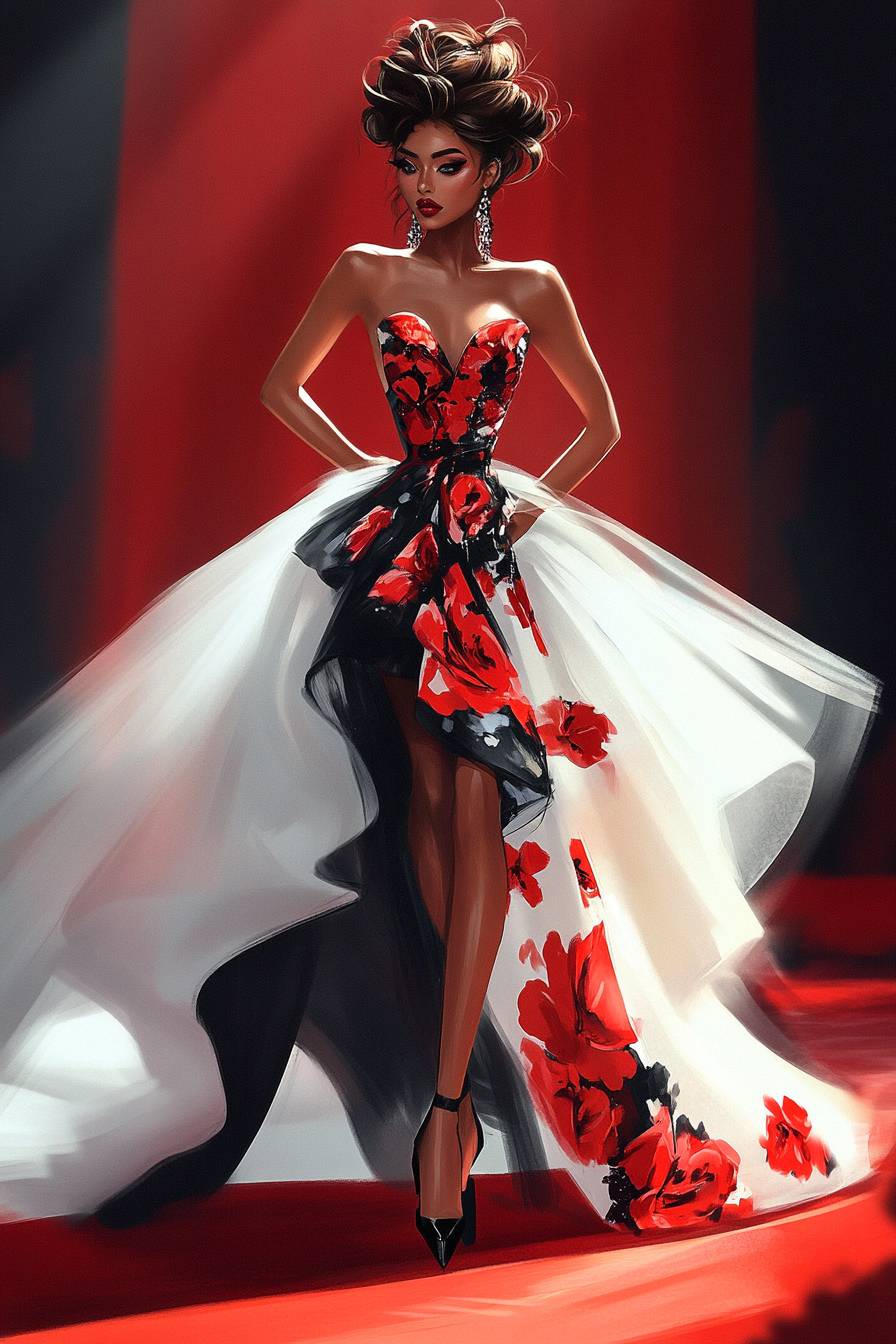 An anime character in a custom Valentino gown and Louboutin stilettos, elegantly styled, walking the red carpet.