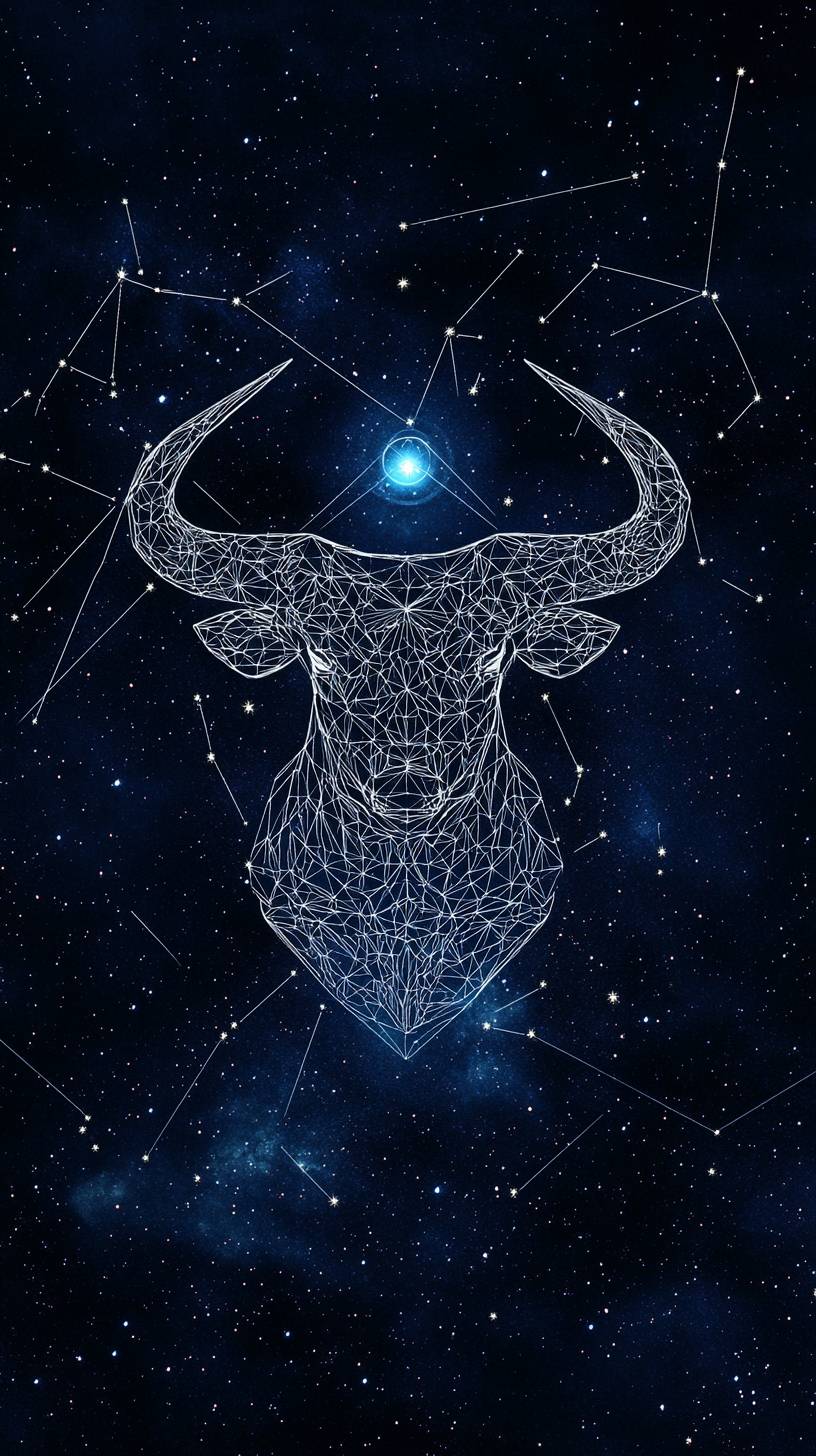 The Taurus constellation is illustrated in fine white lines on a deep indigo background, with a subtle Taurus symbol glowing in the middle.