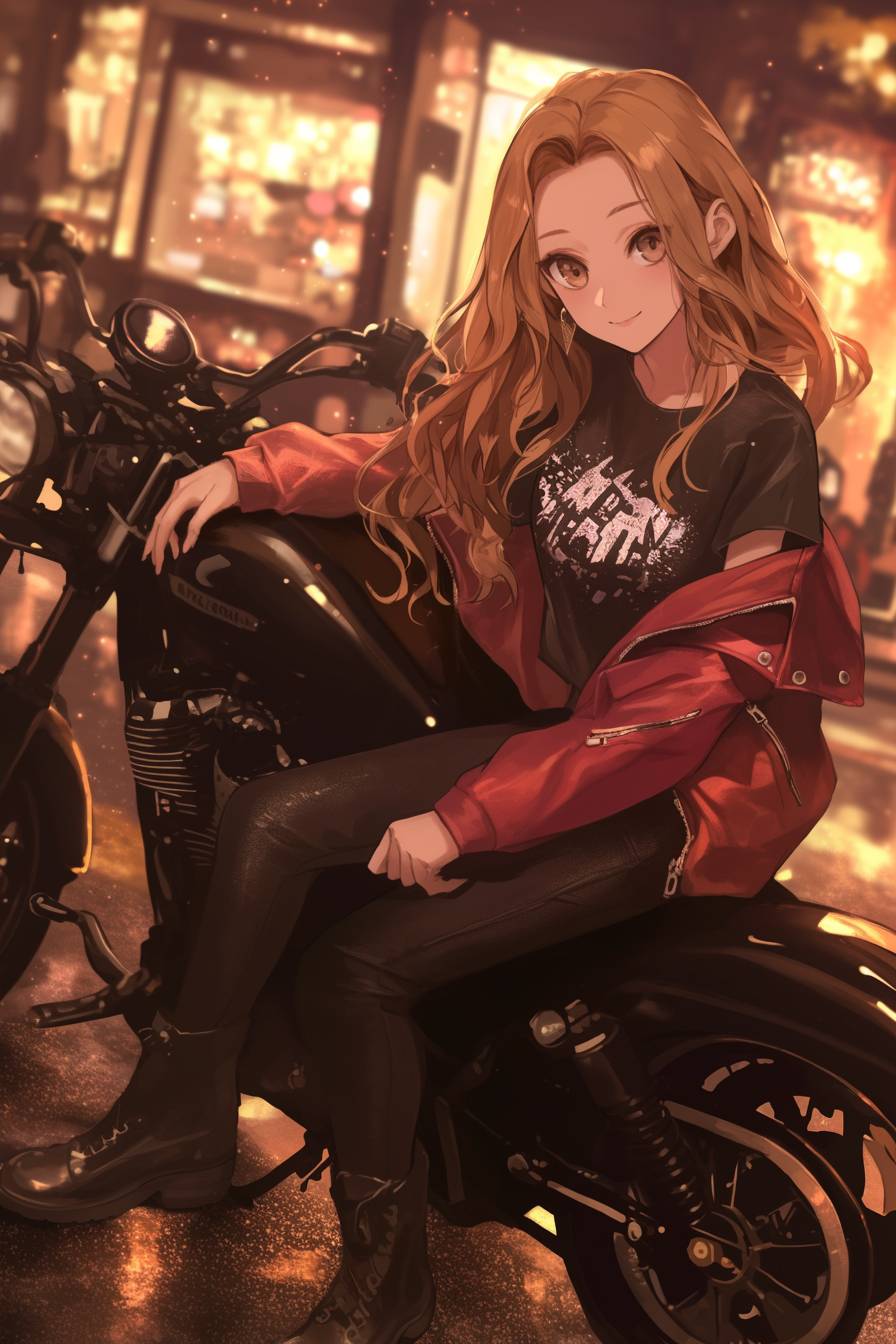 Ein Mädchen trägt eine AllSaints-Motorradjacke, ein Band-T-Shirt, enge Jeans und Chelsea-Stiefel, mit einem Konzertort im Hintergrund.