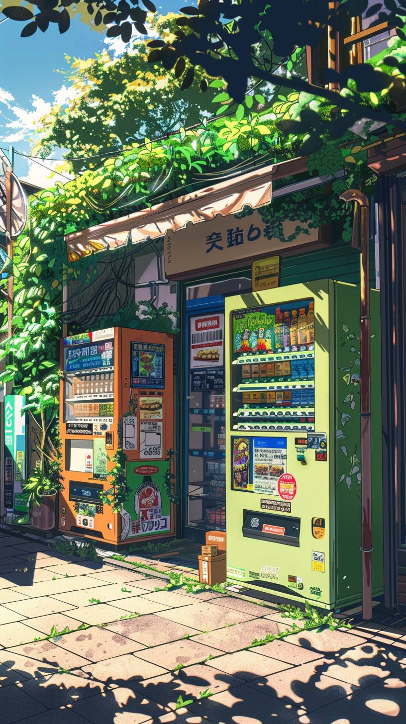 Eine schöne Straße in Tokio, gefüllt mit Sonnenlicht und lebhaften Farben im Anime-Stil, mit Getränkeautomaten an den Seiten.