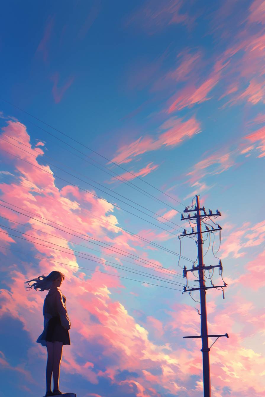 Escena de anime tranquila, un personaje, cielo suave en tonos pastel, detalles mínimos.