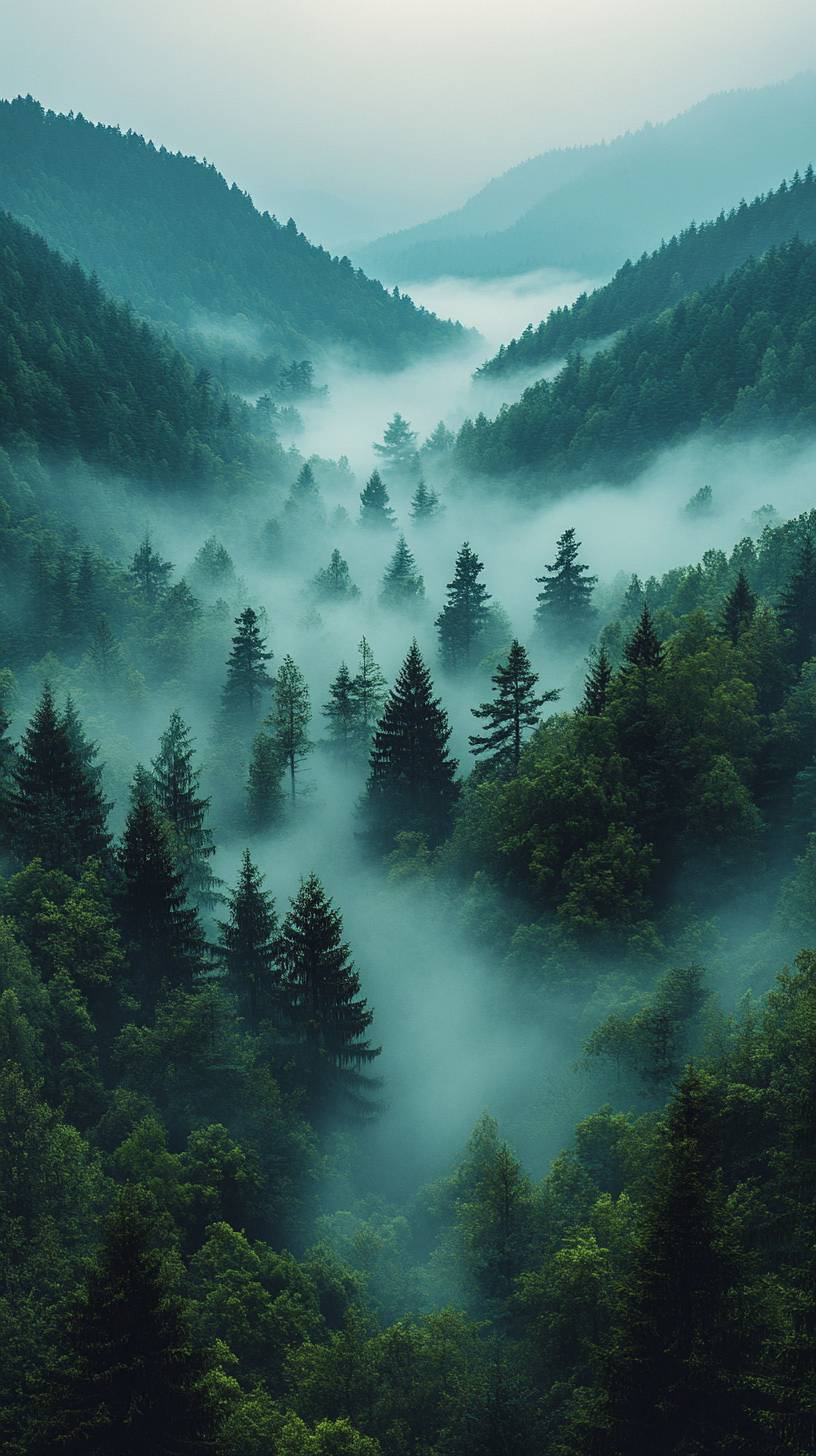 Fond d'écran de smartphone de haute qualité en 8K ultra HD représentant une forêt sereine dans la brume du matin, idéale pour les amoureux de la nature.