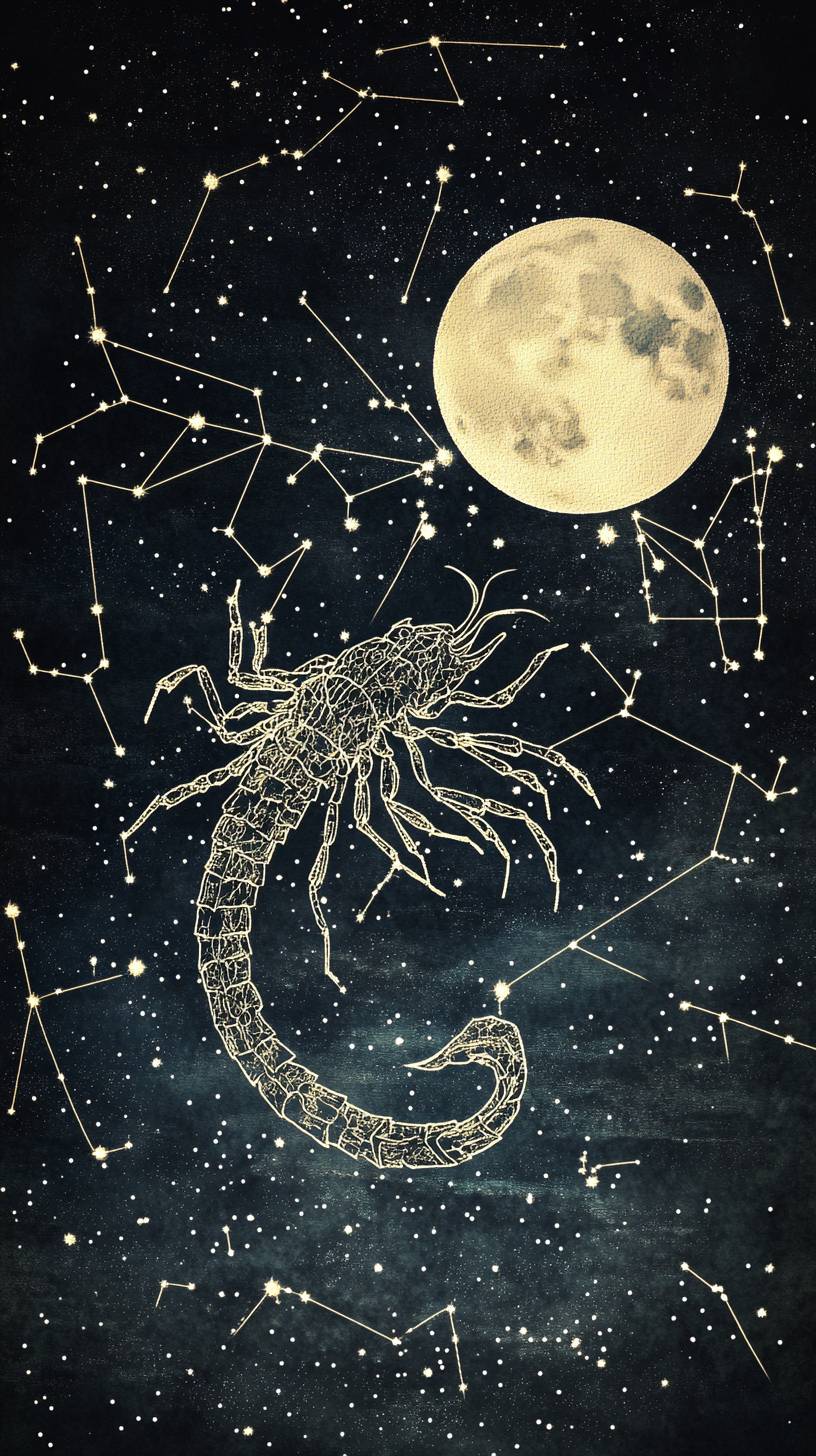 The Moon and Scorpio constellation glow brightly in the night sky.