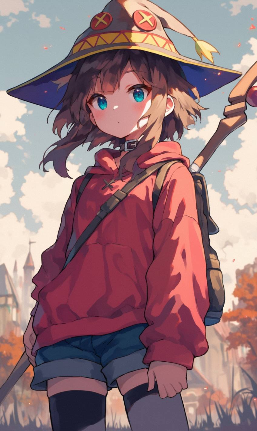 Megumin de Konosuba en un atuendo casual de exploración, feliz y enérgico en una ciudad medieval.