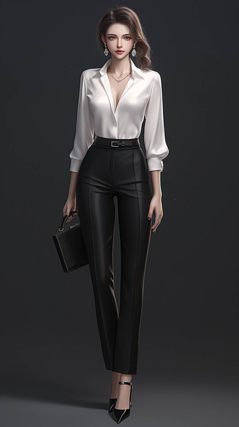 A CG realistic anime girl in a classic white V-neck blouse, black trousers, and pointed-toe heels accessorized with a black leather clutch and diamond earrings for an elegant work look.