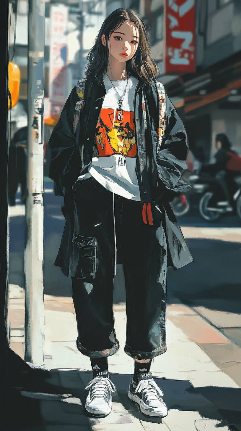 A girl wearing a Sacai layered outfit and designer sneakers.