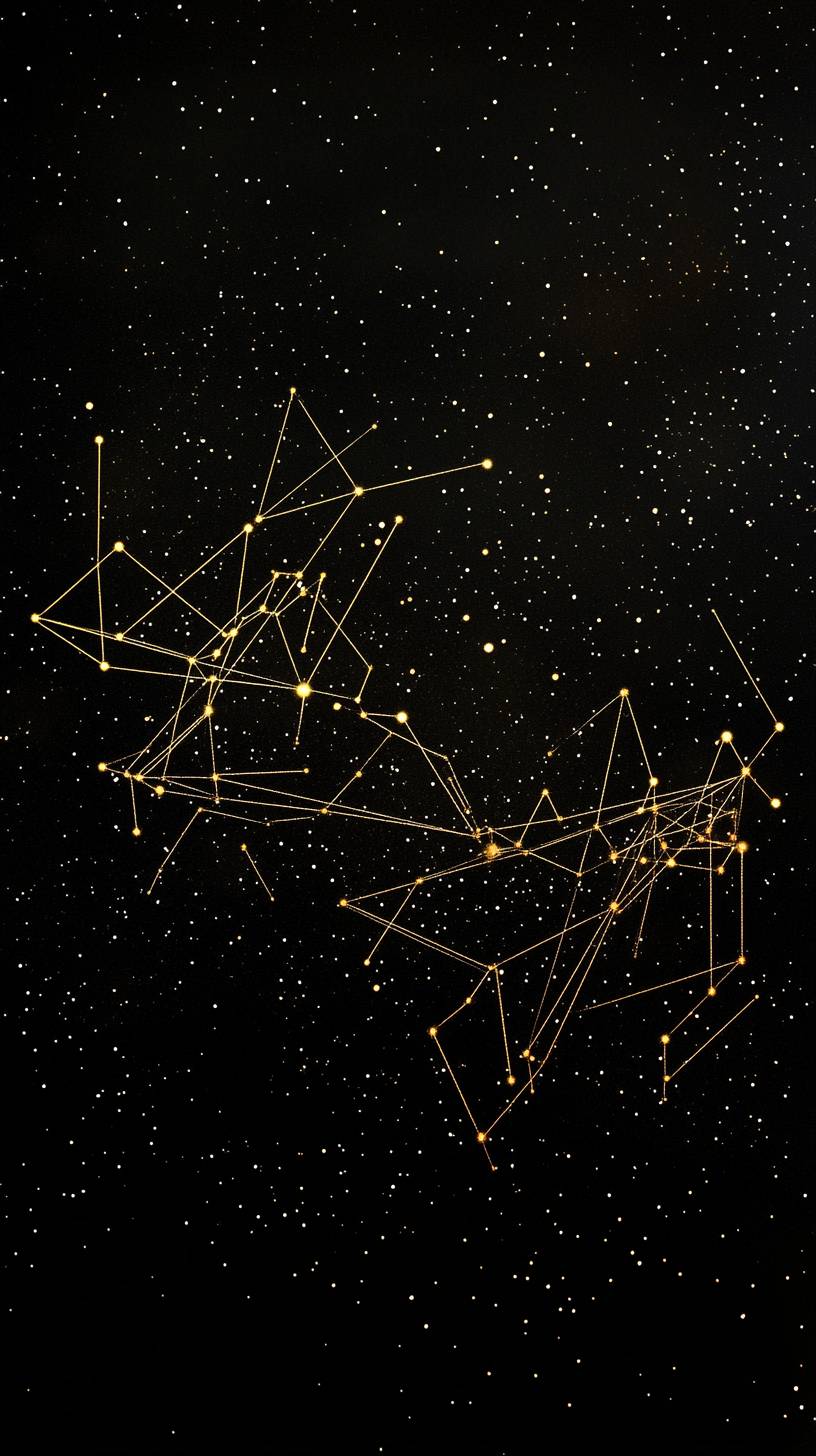 Une représentation minimaliste de la constellation du Bélier avec des lignes dorées angulaires, placée contre un ciel noir profond rempli d'étoiles faibles.