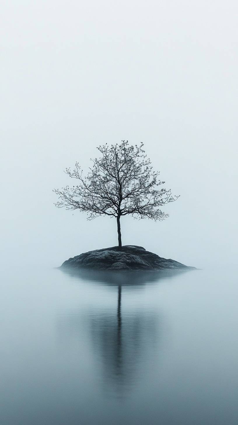 An artistic landscape photo depicting a serene island with a lively small tree.