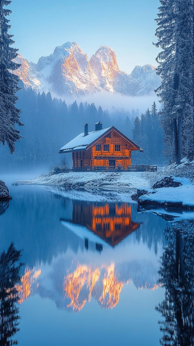 Hochwertiger Smartphone-Hintergrund, 8K Ultra HD, ruhiger Bergsee bei Sonnenaufgang mit sanften Pastellfarben am Himmel und Nebel auf dem Wasser, ideal für einen friedlichen Handybildschirm.