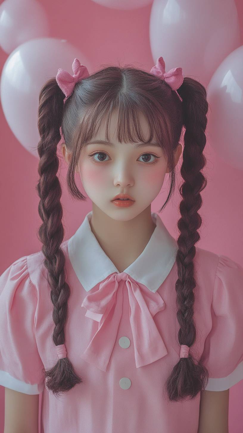 A cute school girl in a pink uniform with braided pigtails.