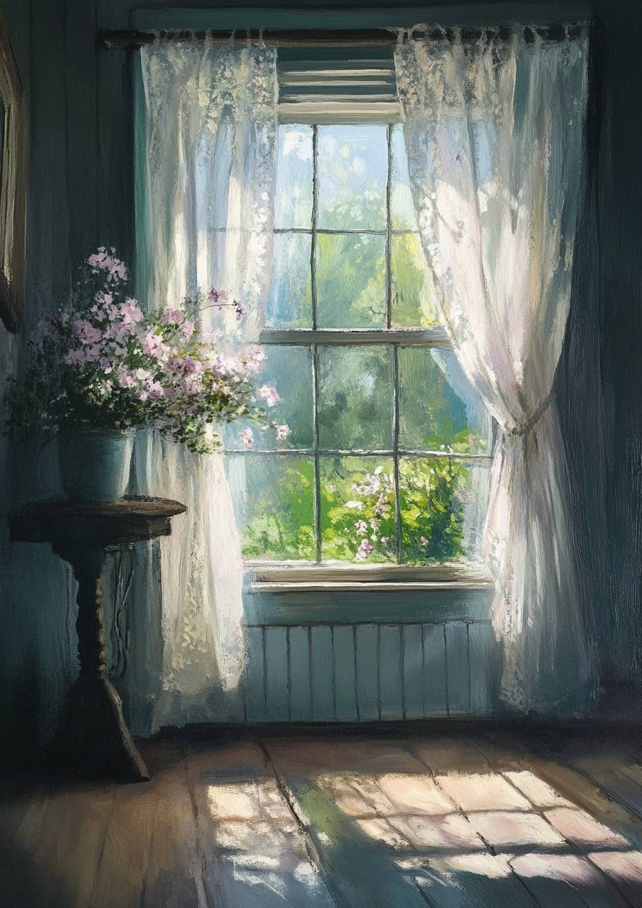 Soft light streams through sheer curtains into the cottage, creating a peaceful atmosphere.