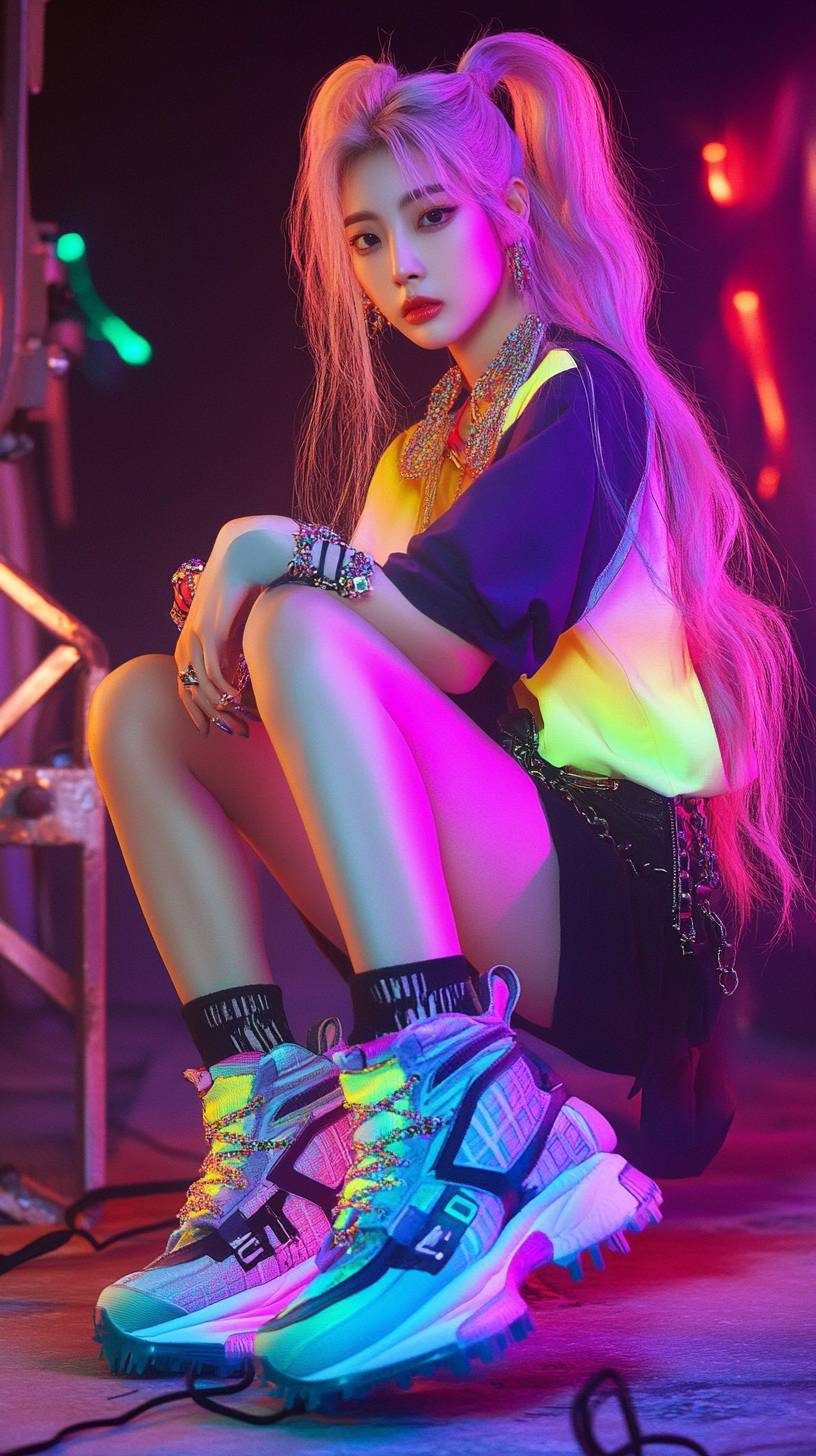 Una chica con una colorida moda K-pop, zapatillas gruesas y cabello bicolor en un set de video musical.