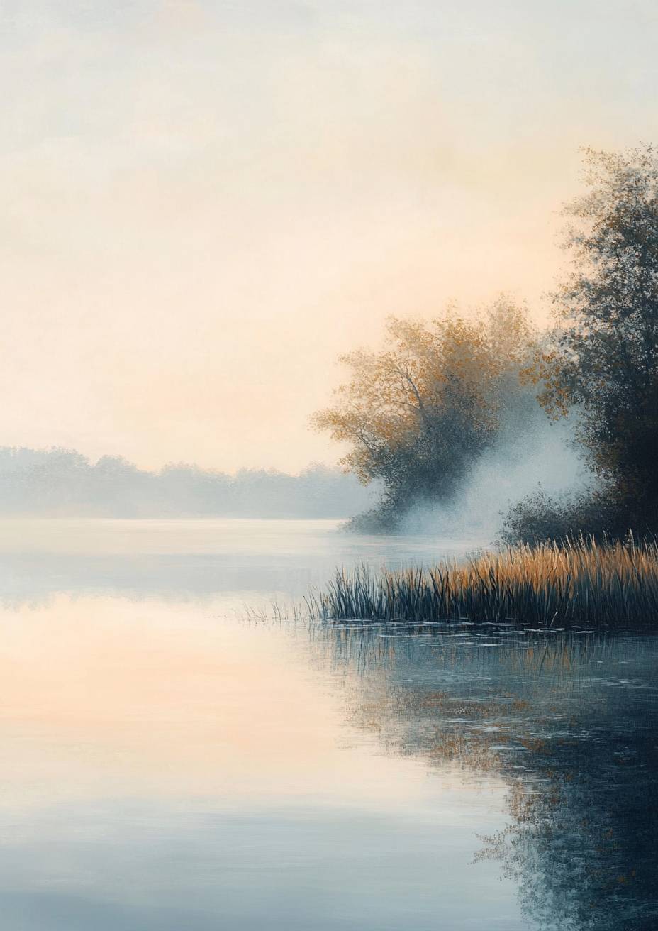 Gentle mist rolls over a calm lake with soft reflections and pastel colors in a serene early morning.