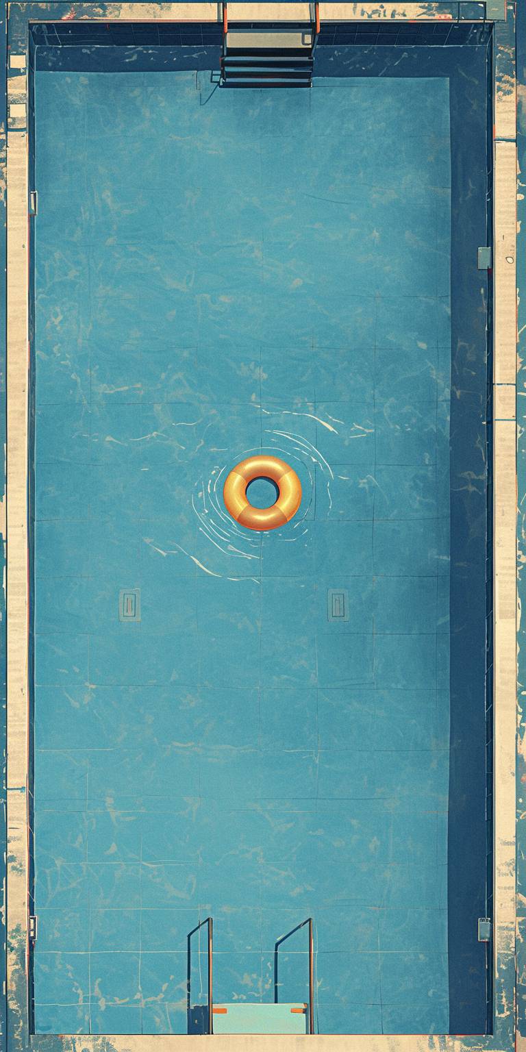 Une piscine rectangulaire bleue avec un anneau doré flottant au centre.