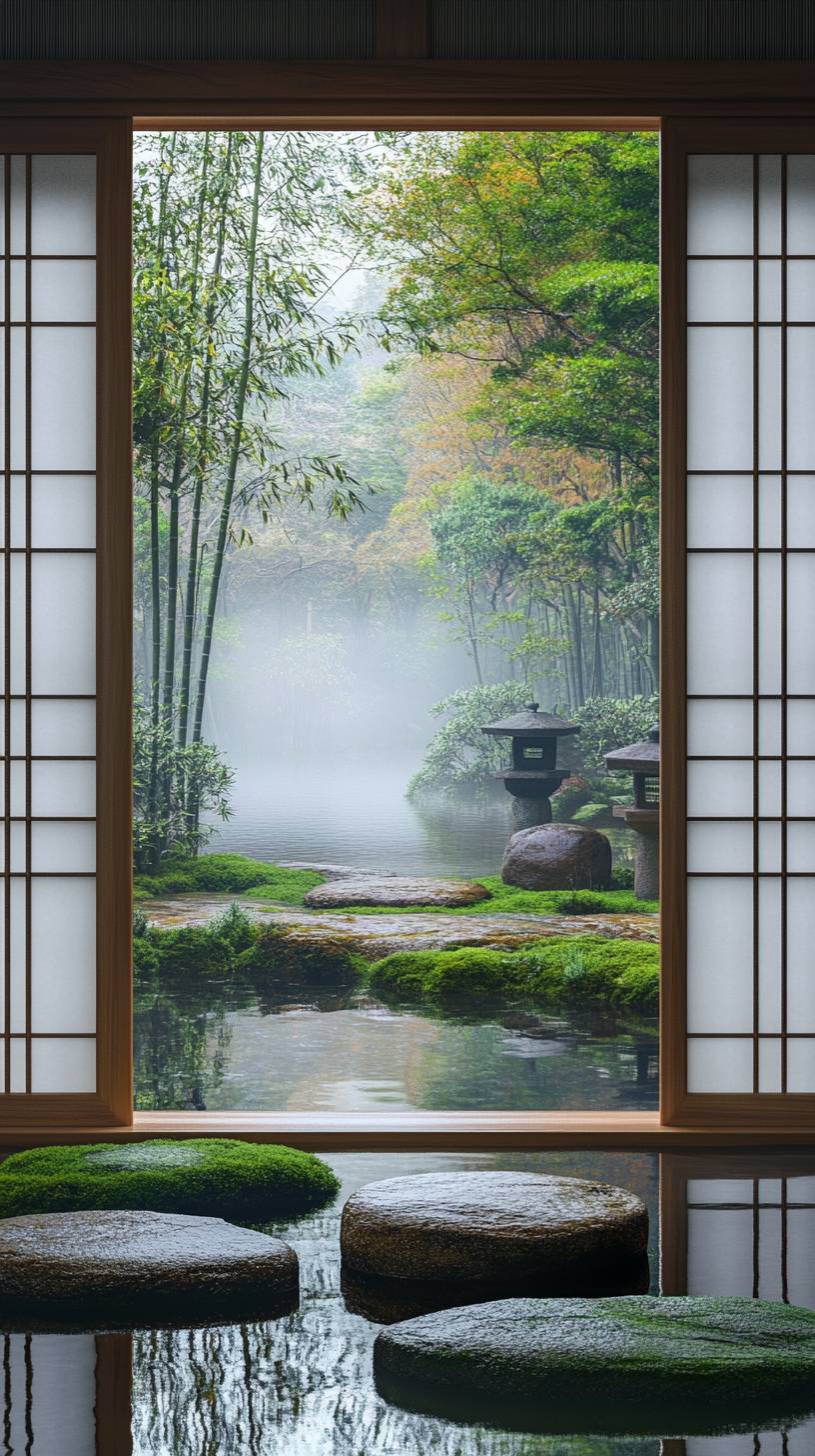 Vue d'un jardin zen japonais avec des portes en papier coulissantes, une fontaine en bambou, des pierres recouvertes de mousse et la brume matinale.