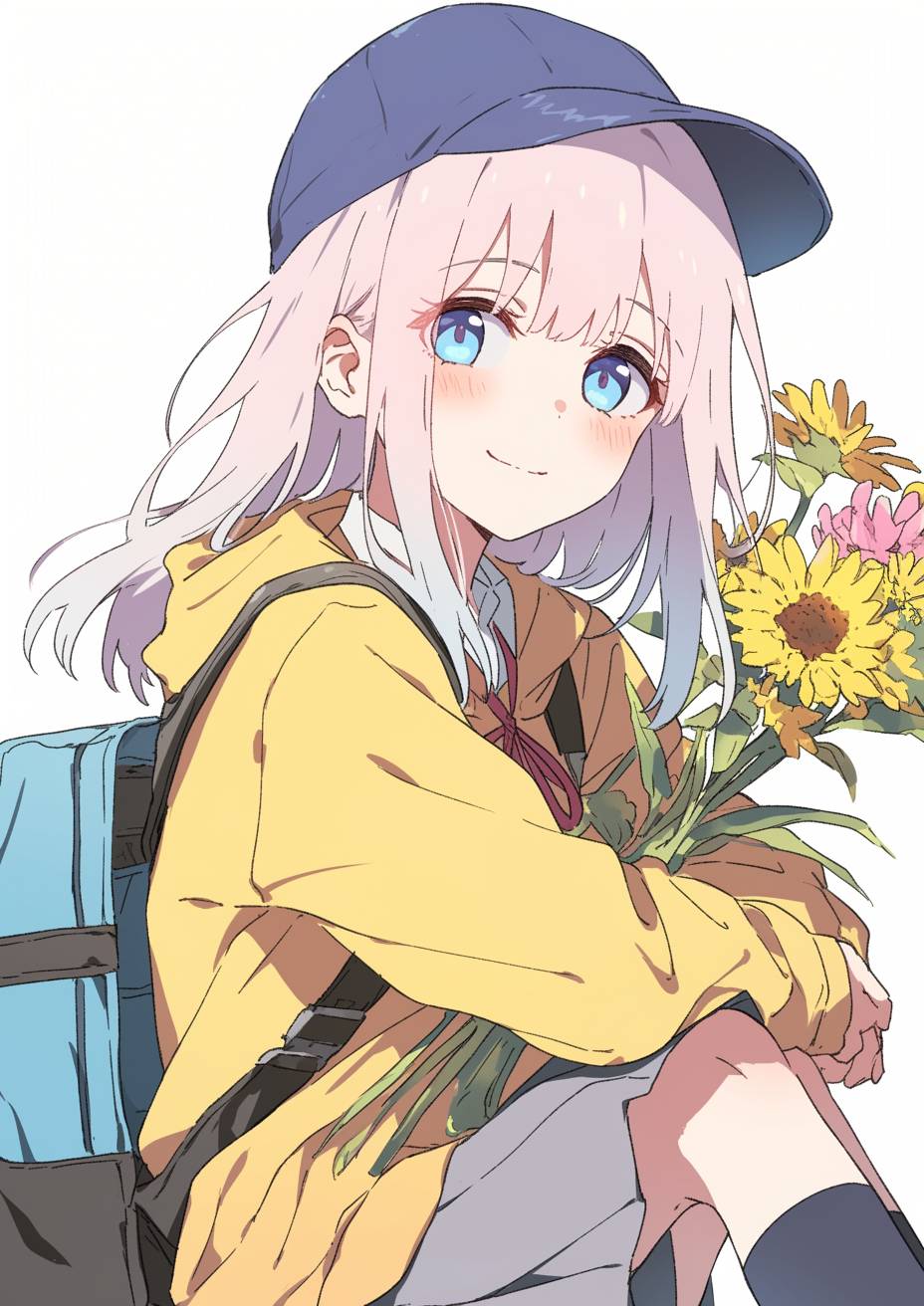 Chika Fujiwara in cute casual style with a yellow cardigan, white skirt, pink sneakers, smiling in the park with a bouquet.