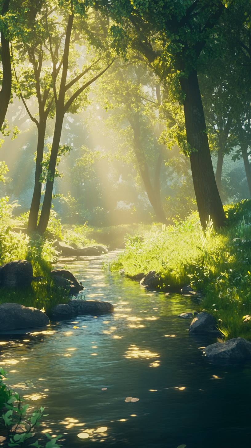 A calm river flows gently through a forest, with soft sunlight filtering through the trees, creating a peaceful scene.