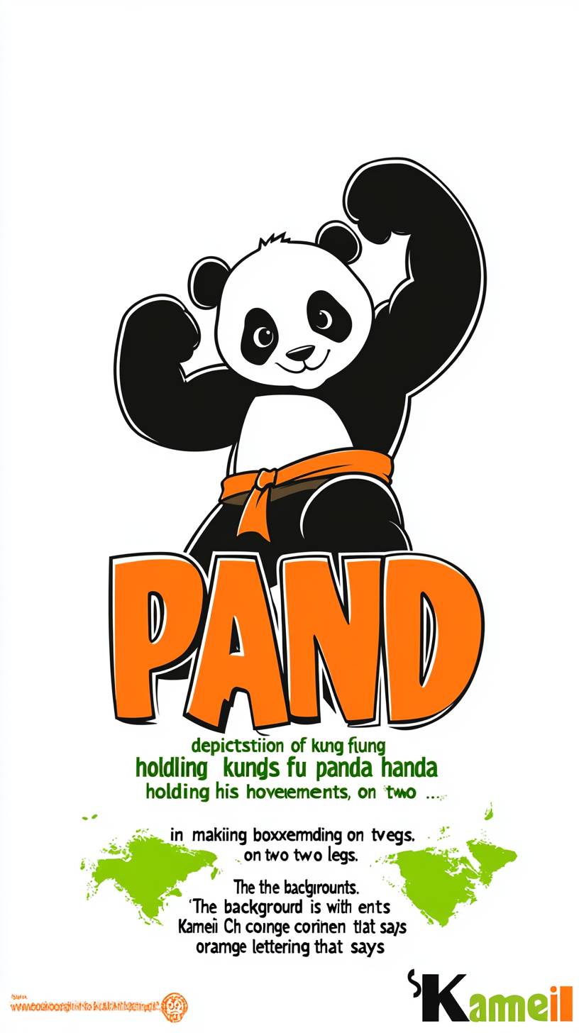 El diseño presenta una ilustración de Kung Fu Panda sobre un fondo blanco mostrando movimientos.