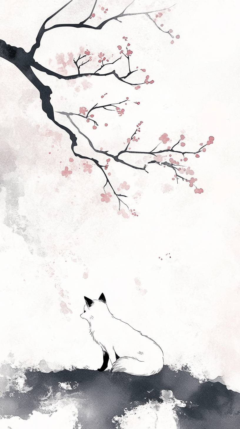 A white fox surrounded by plum blossoms, showcasing a mystical and artistic mood in traditional Chinese ink wash style.